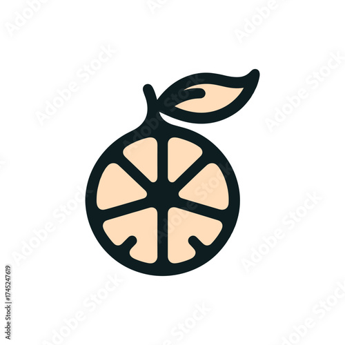 A stylized illustration of a citrus fruit slice with a leaf, symbolizing freshness and health