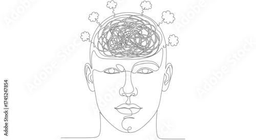 Tangled Thoughts Blooming Continuous Line Art of Human Head with Tree Crowns