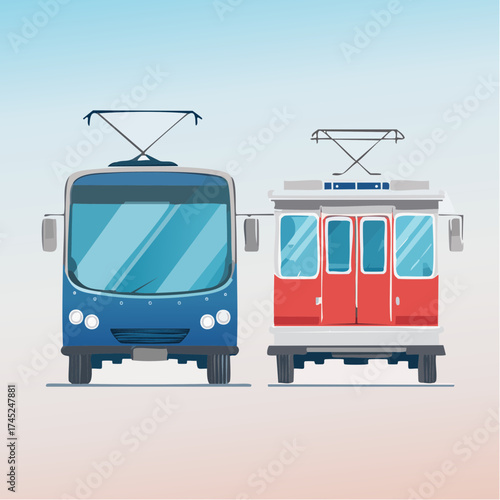 Modern blue trolleybus and vintage red tram representing urban electric public transport vehicles