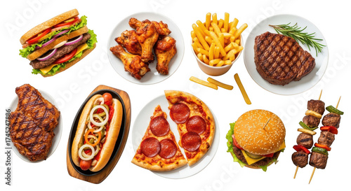 Assortment of delicious fast food items isolated on transparent background