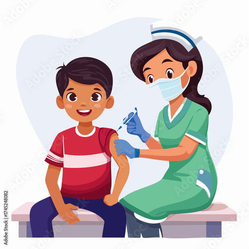 A smiling young boy getting a vaccination shot in the arm from a friendly nurse wearing a medical mask