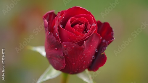 Close up of a single red rose bud with water droplets