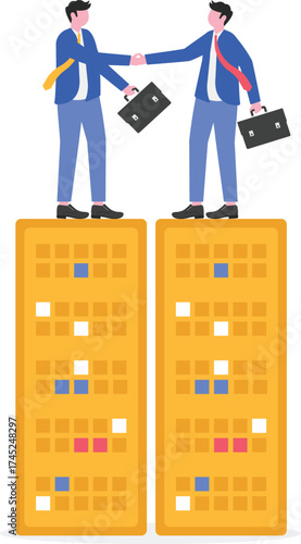 Mergers and acquisitions, corporate consolidation, synergy concept with character.
