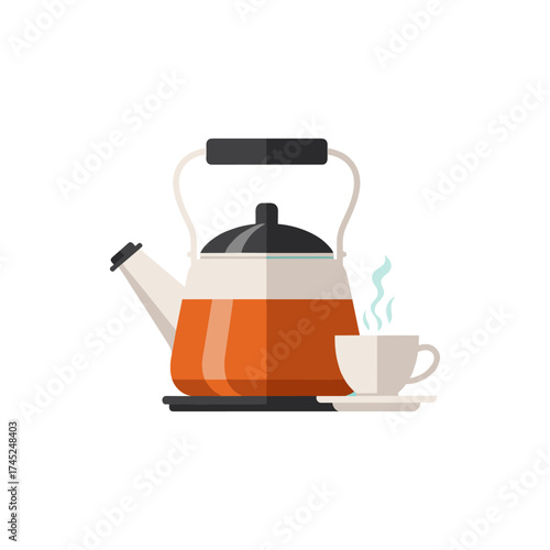 A vibrant kettle and steaming cup on a saucer, showcasing a cozy tea moment at home