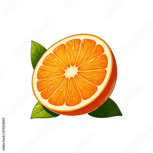 A vibrant orange slice resting on green leaves, showcasing its juicy texture and freshness
