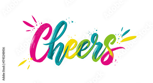Colorful 'Cheers' typography design with paint splatter accents.