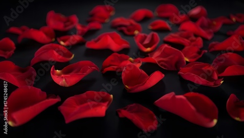 Scattered deep red rose petals on a dark background