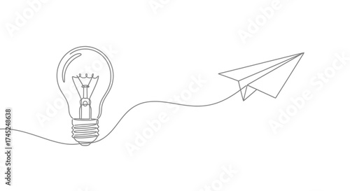 A continuous line drawing connecting a lightbulb to a paper airplane, symbolizing an idea taking flight.