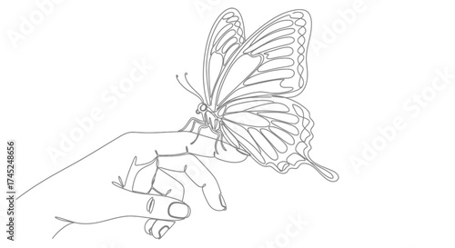A delicate line drawing of a butterfly resting gently on a person's outstretched finger.