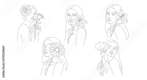 Line art illustrations of women with flowers, showcasing elegant and minimalist designs.