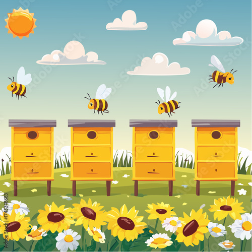 A cheerful apiary scene with honey bees and hives in a meadow of blooming flowers