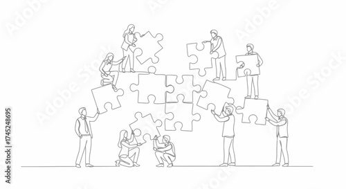 Teamwork illustration: People building a puzzle together, collaboration concept.