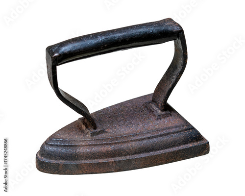 Antique rustic flat iron with handle isolated on white background