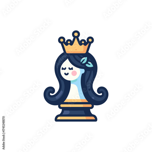 A whimsical queen chess piece with a crown and flowing hair, set against a minimalist background