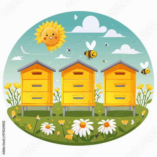 Beekeeping Bliss Sunny Day Scene of Beehives, Bees, and Blooming Flowers