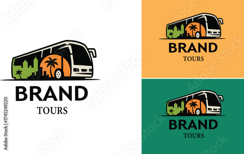Tour bus logo design with desert sunset and palm trees