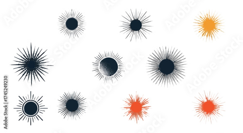 A collection of abstract virus-like illustrations in various colors on a white background from a direct viewpoint
