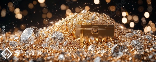 Gold and Diamond Wealth. A dazzling composition of scattered diamonds and golden jewelry.