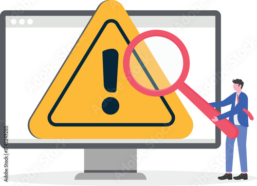 Businessman investigate incident with magnifier and exclamation sign


