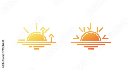 A serene illustration of sunrise and sunset over the ocean horizon from a distant viewpoint