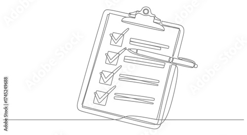 Line drawing of a clipboard with a checklist and a pen, representing tasks and organization.