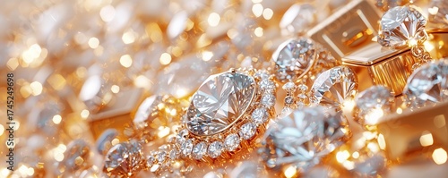 Gold and Diamond Wealth. A dazzling composition of scattered diamonds and golden jewelry.