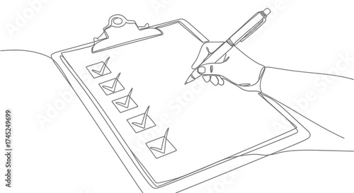 Line drawing of a clipboard with a checklist and a hand holding a pen.