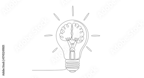 A minimalist line drawing of a light bulb with a brain inside, symbolizing a bright idea or innovation.