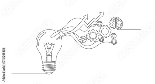 Continuous line drawing of a light bulb transforming into gears, arrows, and a brain, symbolizing idea generation, process, and growth.