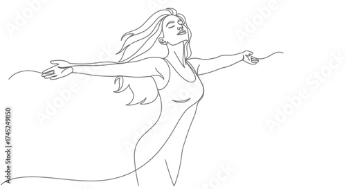 A graceful line drawing of a woman with her arms outstretched, embodying freedom and joy.