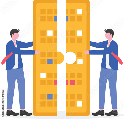 Business merger, corporate consolidation, synergy strategy concept with character.

