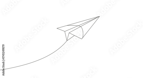 A minimalist continuous single line drawing of a paper airplane in flight with a trail on a white background.