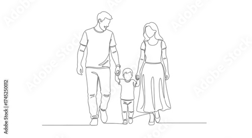 A continuous single line drawing of a happy young family, father, mother, and child, walking together while holding hands.