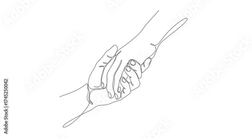 A minimalist line drawing depicting two hands clasped together, symbolizing connection and support.