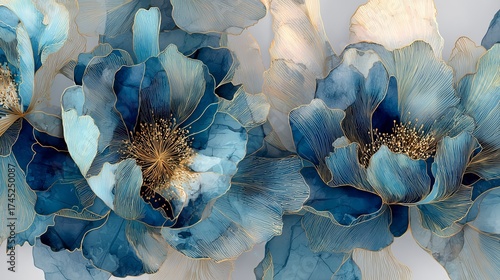 Abstract Watercolor Blue and Beige Flowers with Gold Lines