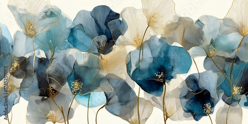 Abstract Watercolor Blue and Beige Flowers with Gold Lines