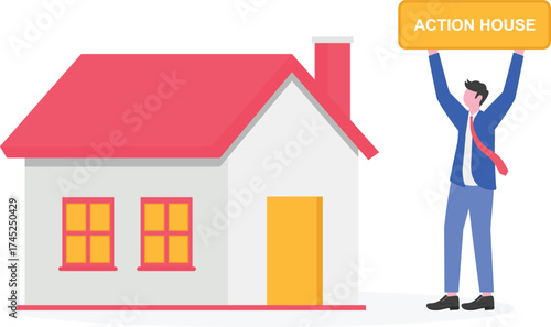Mortgage loan, auction house, estate planning concept with people characters.
