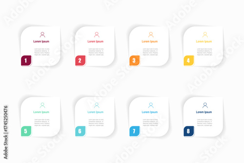 For business concept with 8 steps infographics, rectangle shape with multicolor label, design for workflow layout, diagram, annual report, web design. vector illustration