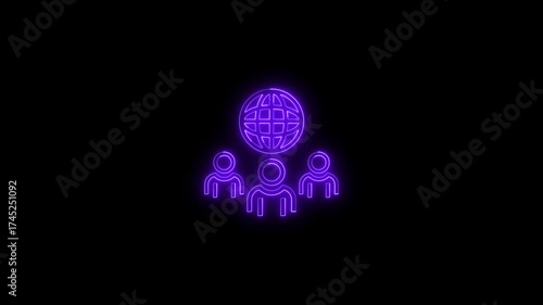 Purple Neon Icon Of Three People Figures And Globe On Black Background group world