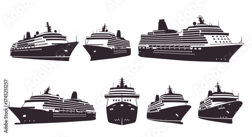 Multiple cruise ships in black silhouette ocean liners