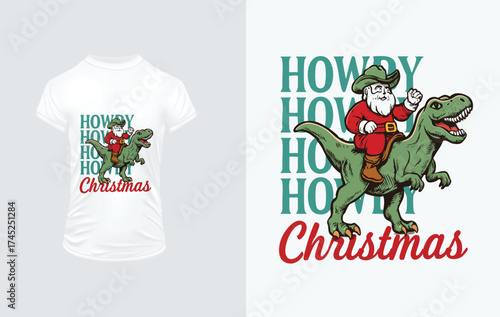 Santa Claus Riding Dinosaur with Howdy Christmas Text T-Rex