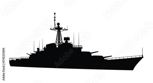 Silhouette of a warship with radar mast and guns black