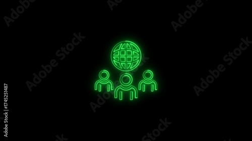 Green Neon Icon Of Three People Figures And Globe On Black Background group world