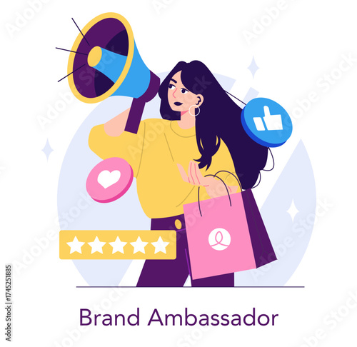Woman Using Megaphone for Brand Promotion Vector Art