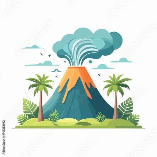Volcano vector illustration of a massive mountain erupting with smoke and lava, surrounded by palm trees and tropical plants
