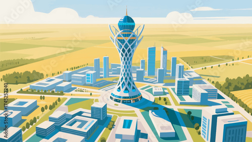 Illustration Of Bayterek Tower With Futuristic Design And Modern City In The Vast Plains Vector Design Template
