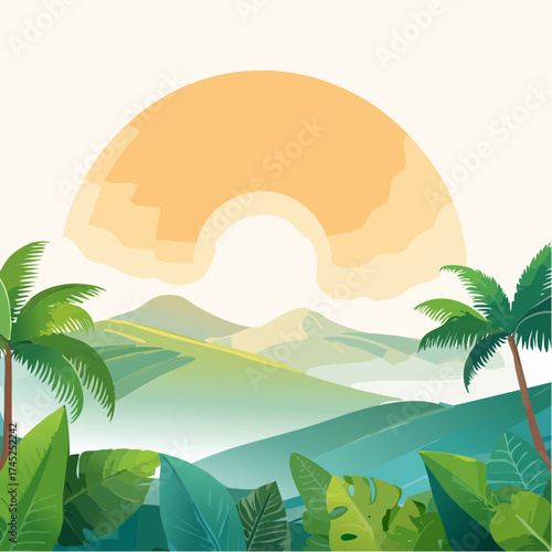 Serene vector landscape with majestic mountains, lush green fields, and tropical palm trees under a blue sky, an idyllic natural scene perfect for peaceful travel or environmental designs
