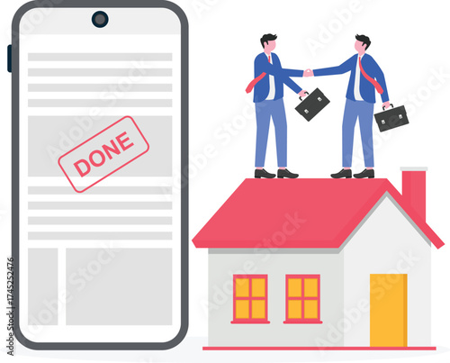 Mortgage approval, home buying journey, property ownership concept with character.
