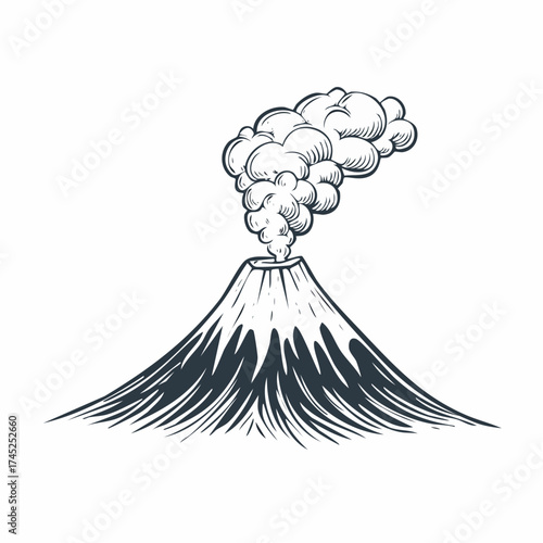 Hand-drawn vector illustration of an erupting volcano mountain with a plume of smoke and ash. Vintage sketch style geological formation