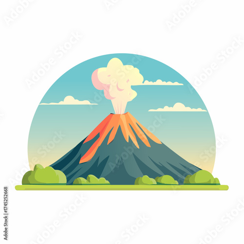 Vibrant vector illustration of an active volcano mountain erupting with smoke and lava, showcasing a powerful natural phenomenon in a captivating graphic design